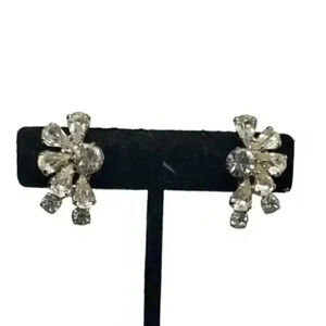 Vintage Earrings Clear Rhinestone Clip Clear Half Flower Star Bride Statement